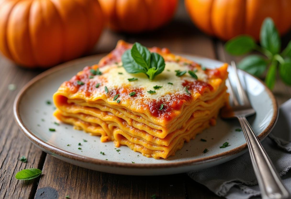 Lasanha de abóbora com ricota e nozes apresentada em uma mesa rústica, perfeita para um jantar.