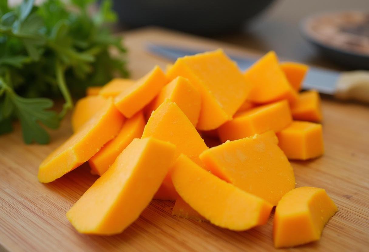 Fatias de abóbora fresca preparadas para a lasanha de abóbora com ricota e nozes.