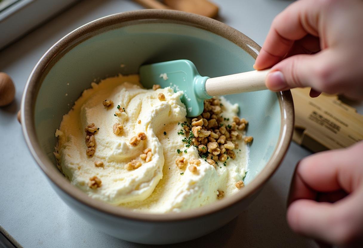 Mistura de ricota, nozes e temperos para a lasanha de abóbora.