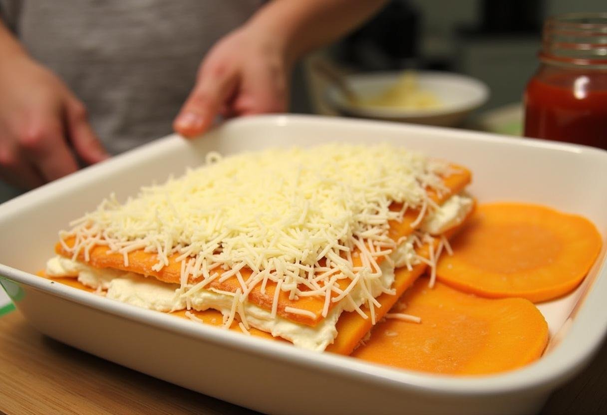 Camadas de lasanha de abóbora sendo montadas com ricota e molho de marinara.