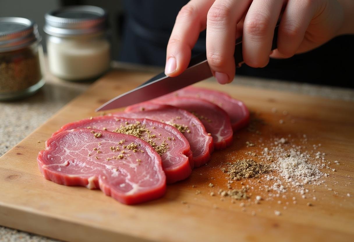 Carne de língua de boi sendo temperada para o prato tradicional Língua de boi com ervilha.
