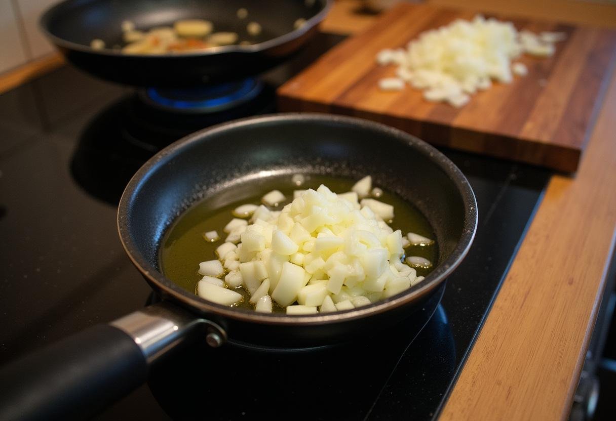 Cebolas e alho picados prontos para serem refogados para Língua de boi com ervilha.