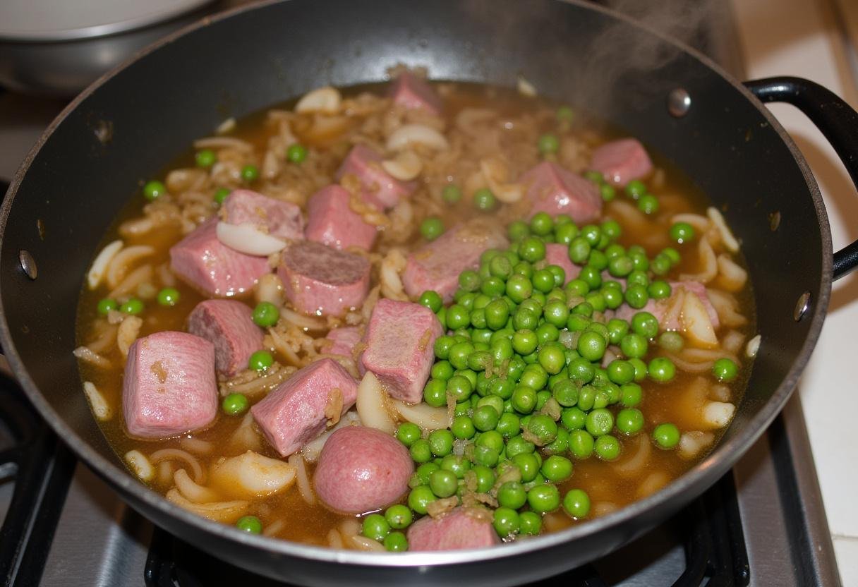 Mistura de língua de boi e ervilhas sendo cozinhada em uma panela para o prato tradicional.