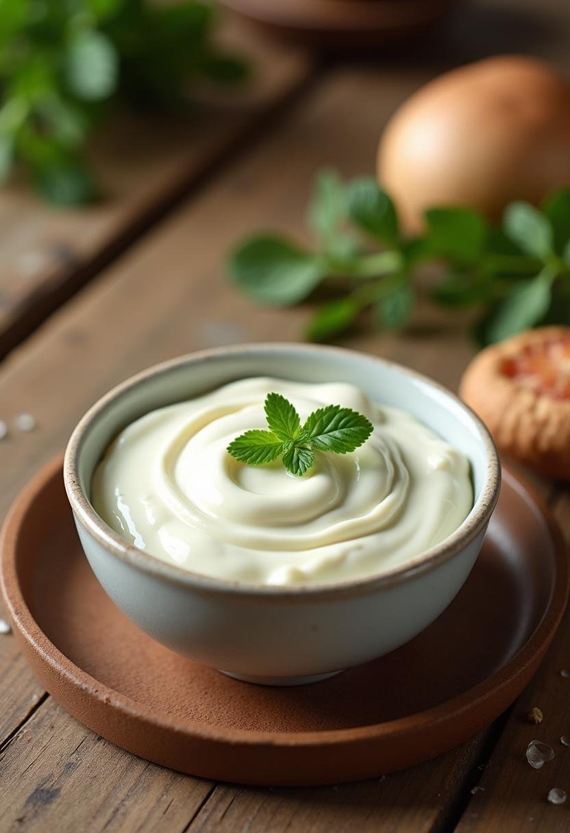 Maionese de iogurte e ovos rica em proteínas, ideal para refeições saudáveis.