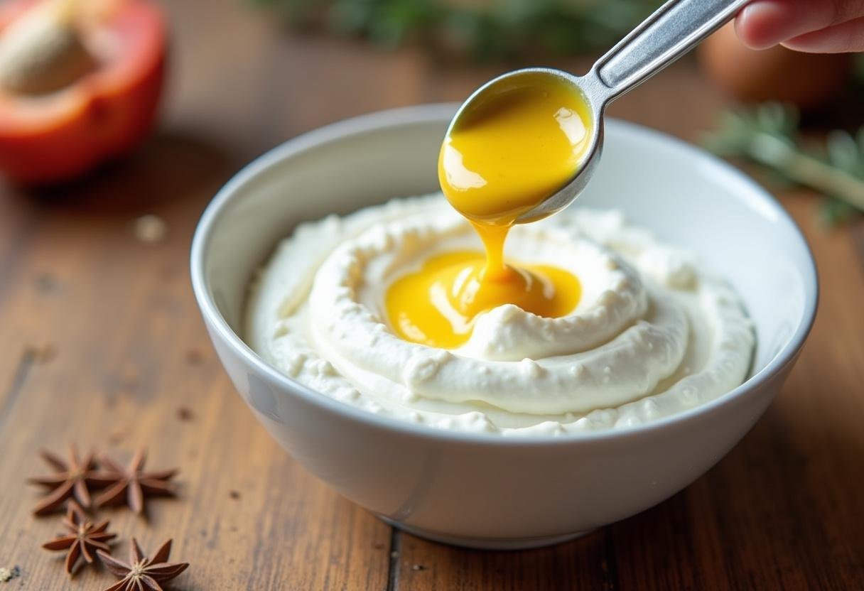 Adicionando mostarda Dijon ao iogurte para a maionese de iogurte e ovos.