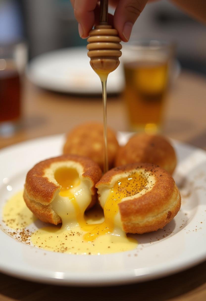Pãezinhos de iogurte recheados com queijo e goiabada, finalizados com mel e pimenta, uma deliciosa iguaria.