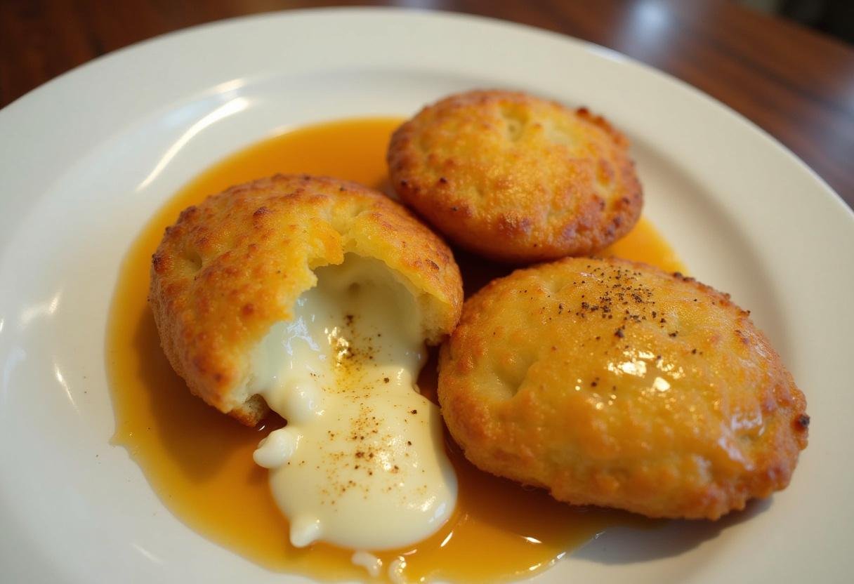 Pãezinhos de iogurte recheados com queijo e goiabada, finalizados com mel e pimenta, uma deliciosa iguaria.