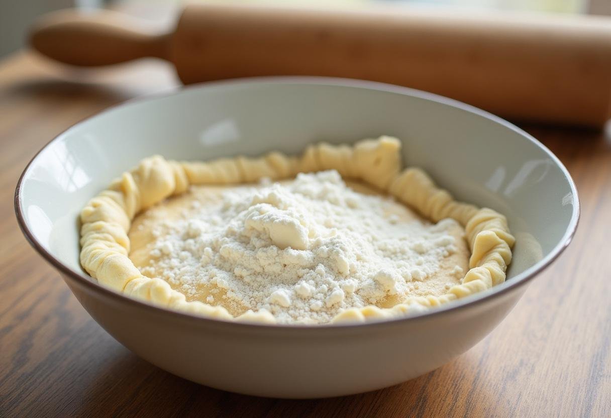 Massa de pãezinho de iogurte sendo misturada em uma tigela para pãezinho recheado com queijo e goiabada.