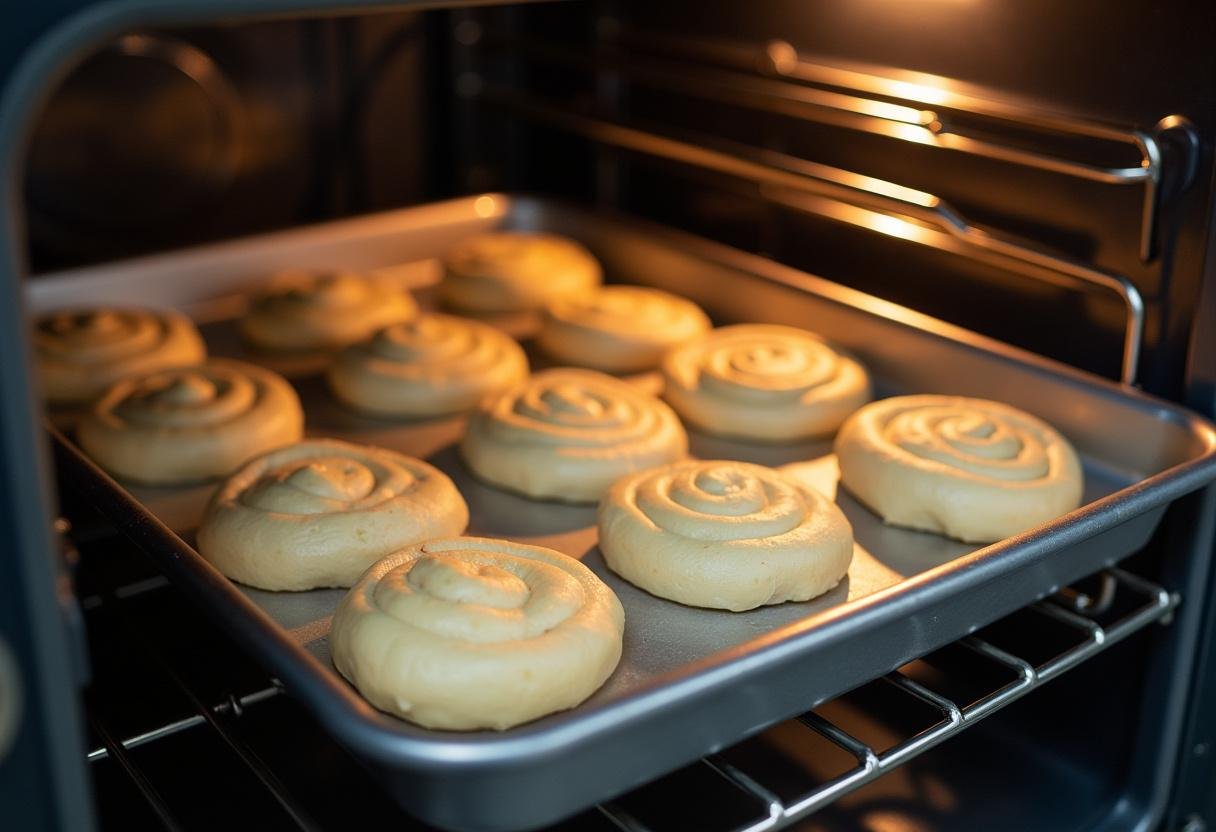 Bandeja de pãezinhos de iogurte recheados sendo colocada no forno para assar.