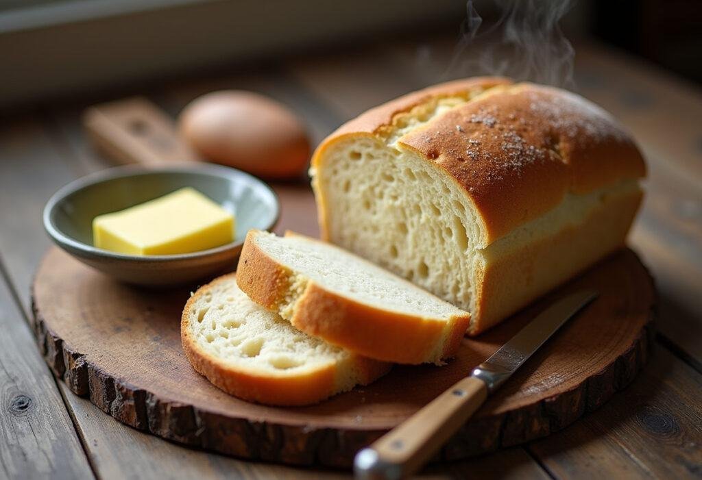 Pão caseiro fofinho e dourado, recém-saído do forno, perfeito para servir.