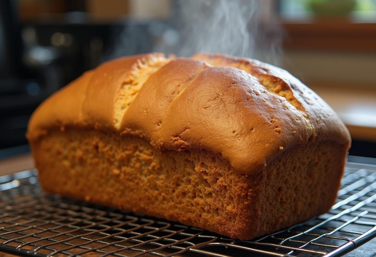 Pão caseiro integral de batata-doce recém-assado, perfeito para servir.
