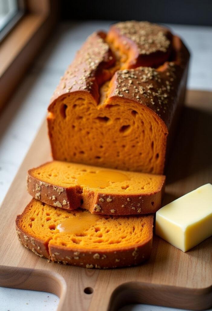 Pão caseiro integral de batata-doce fresco, com mel e manteiga, pronto para servir.