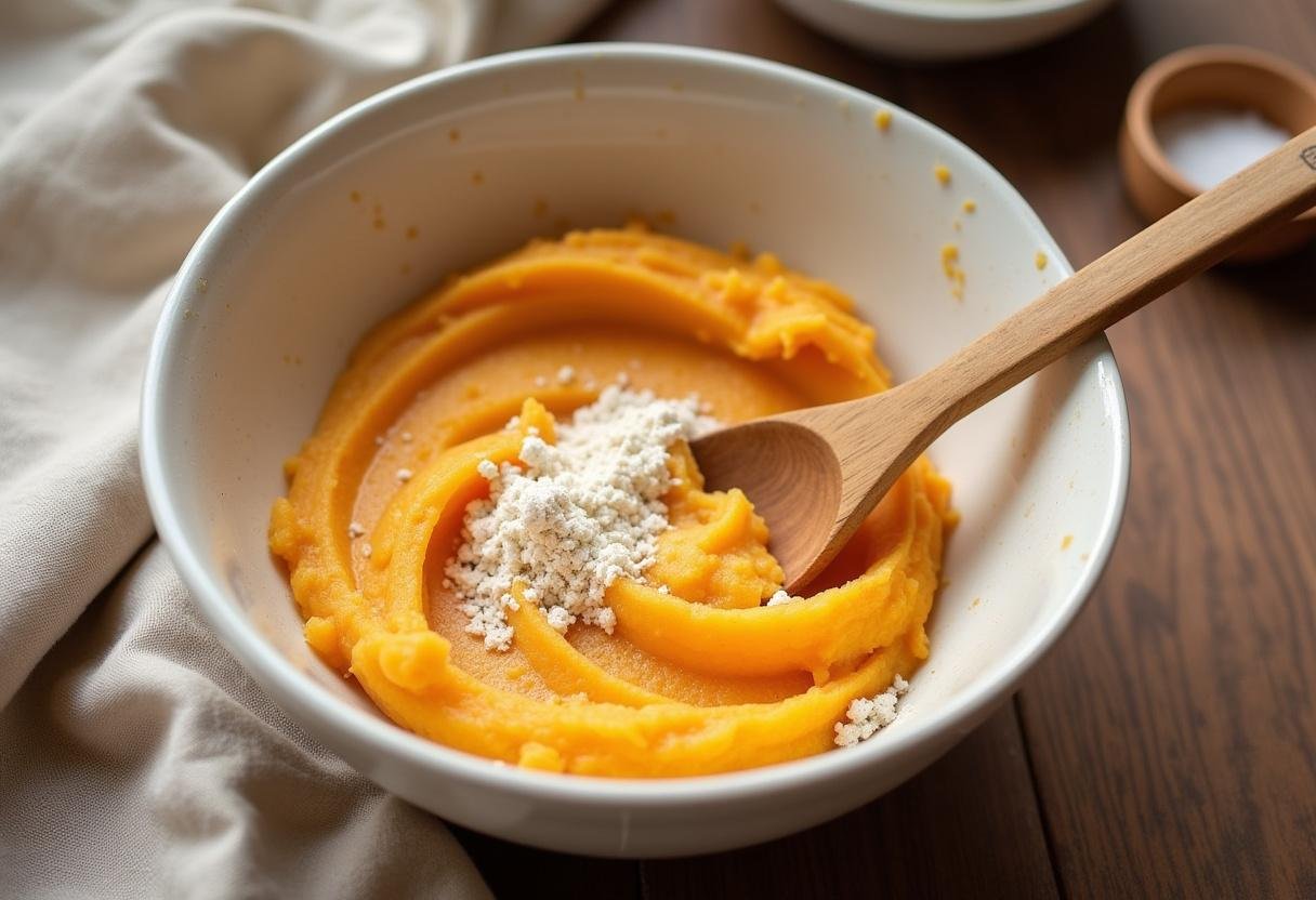 Mistura de batata-doce amassada com farinha de trigo integral para pão caseiro de batata-doce.
