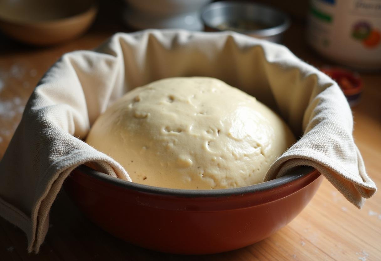 Massa de pão caseiro de batata-doce descansando e crescendo em uma tigela coberta.
