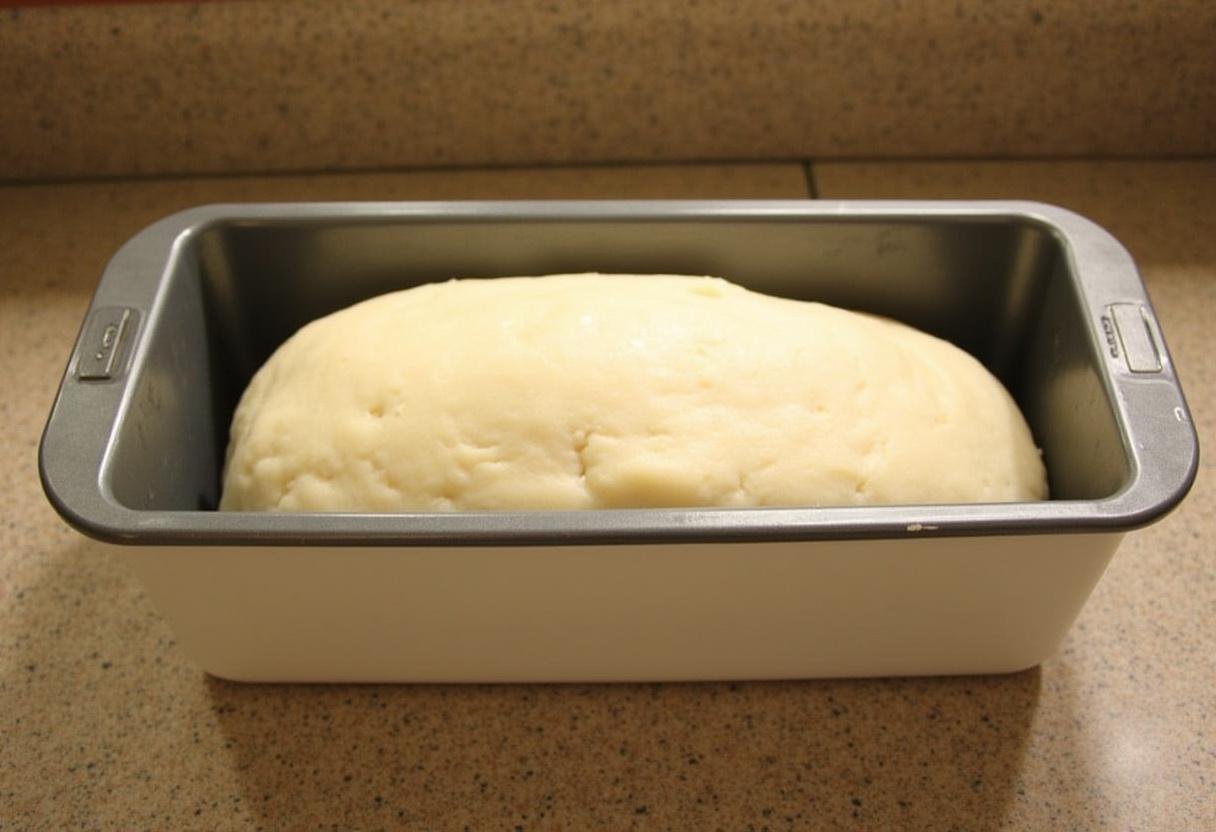 Forma com massa de pão caseiro de batata-doce sendo preparada para a última fermentação.