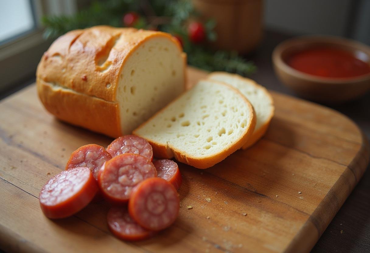 Pão sendo fatiado para preparar o Pão com Chouriço Quentinho.