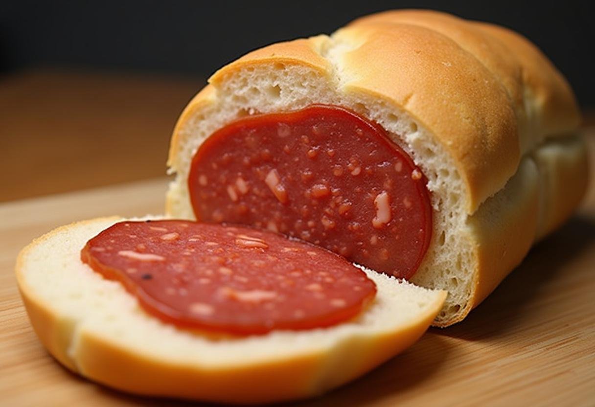 Chouriço colocado dentro do pão fatiado para o Pão com Chouriço Quentinho.