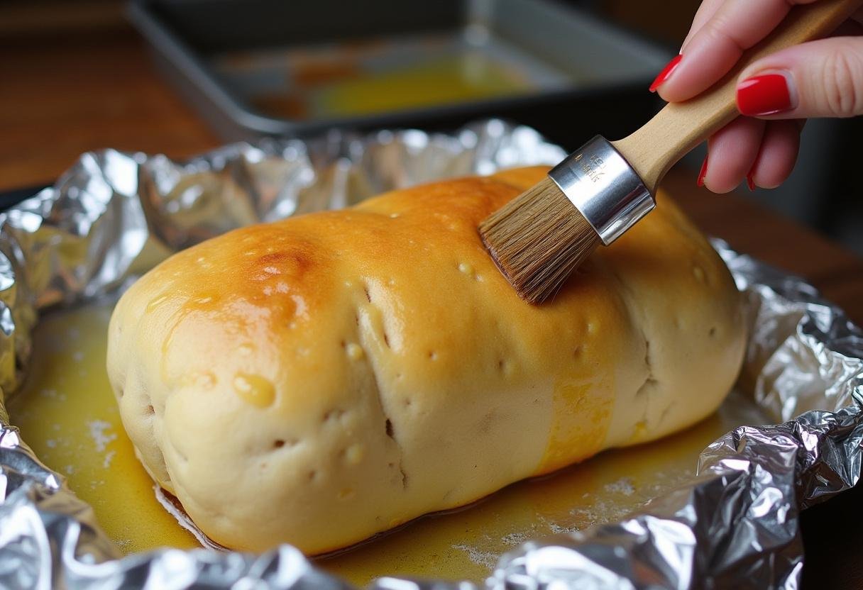 Pão preparado para assar com chouriço e azeite para o Pão com Chouriço Quentinho.