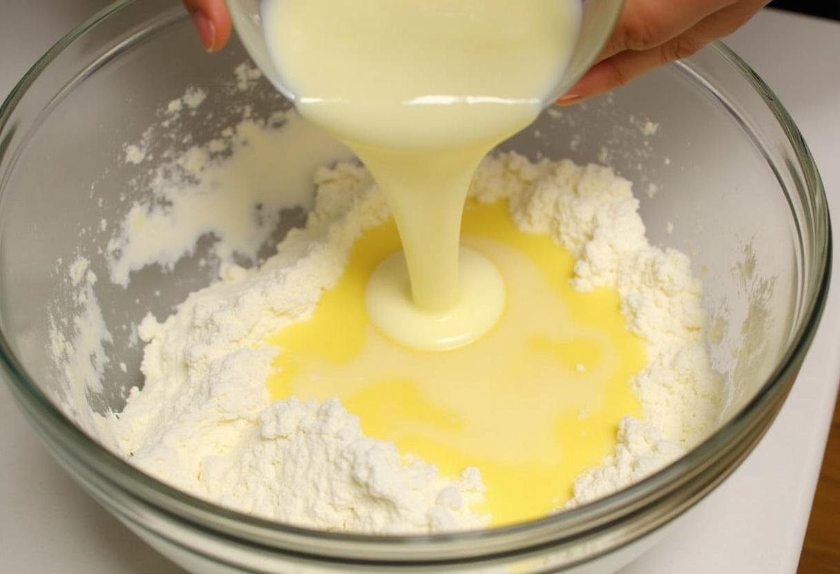 Adicionando leite de coco e manteiga derretida à mistura para Pão de Deus Doce.