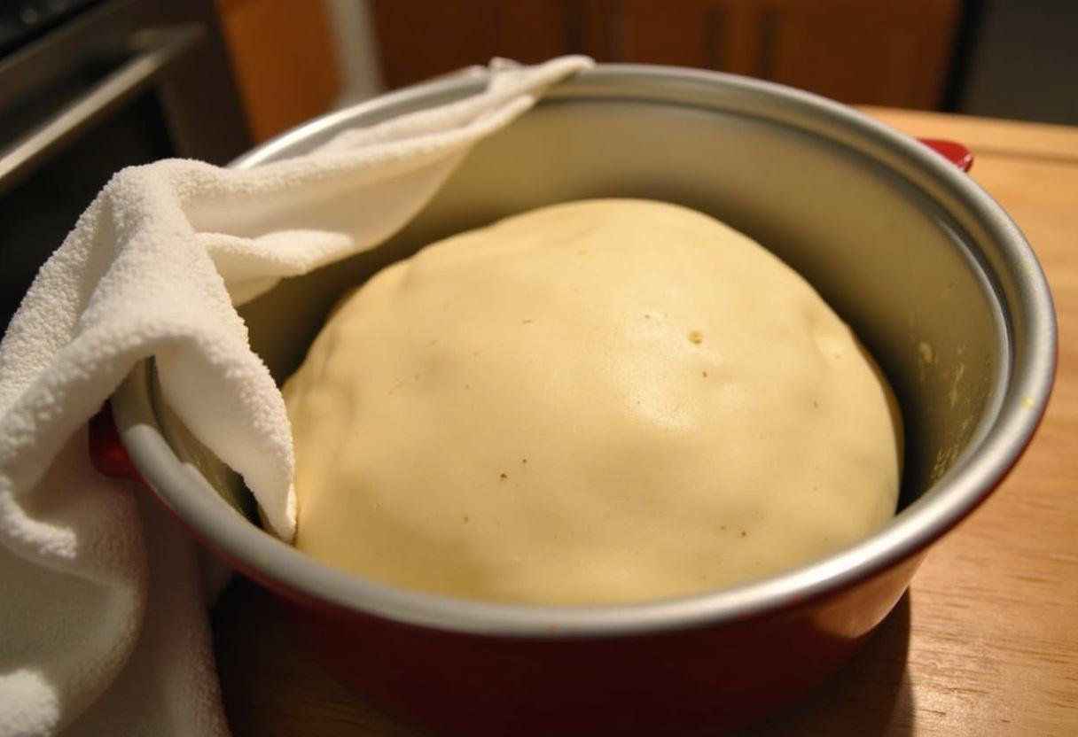 Massa do Pão de Deus Doce descansando em uma forma untada antes do crescimento.