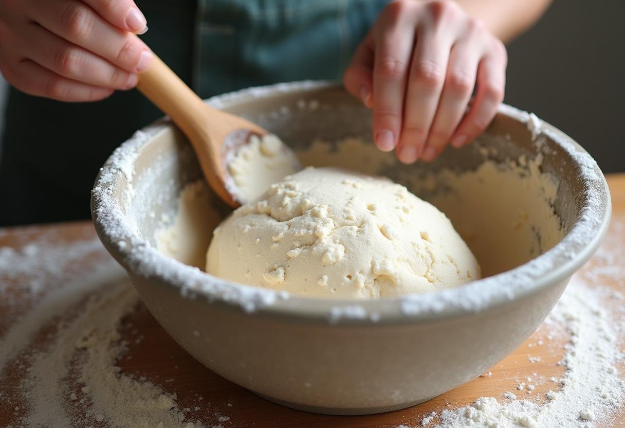 Misturando a massa do pão de trigo integral em uma tigela para um pão 100% trigo integral.