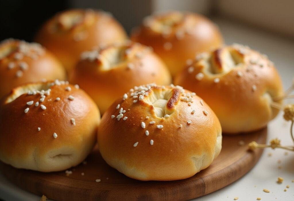 Pães de leite integral fofinhos dourados e quentinhos, prontos para servir.