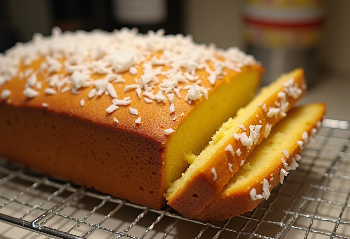 Pão de maracujá com coco assado, dourado e decorado com coco ralado, perfeito para servir.