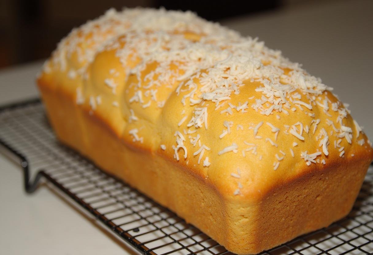 Pão de maracujá com coco assado, dourado e decorado com coco ralado, perfeito para servir.