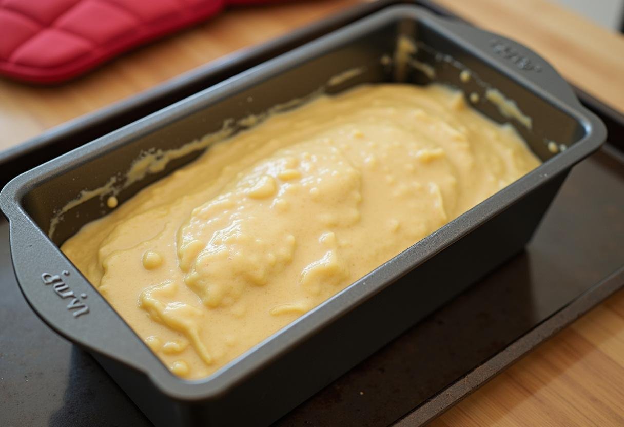 Forma untada com a massa do pão de maracujá com coco pronta para assar.