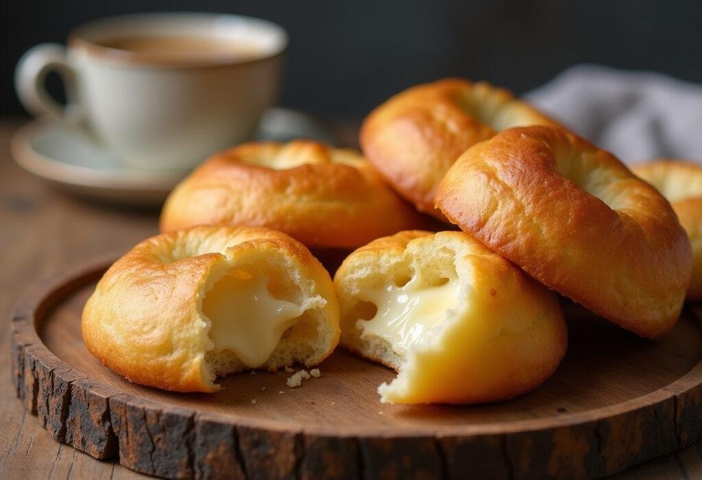 Pão de queijo recém-assado, dourado e crocante, perfeito para o café da manhã.