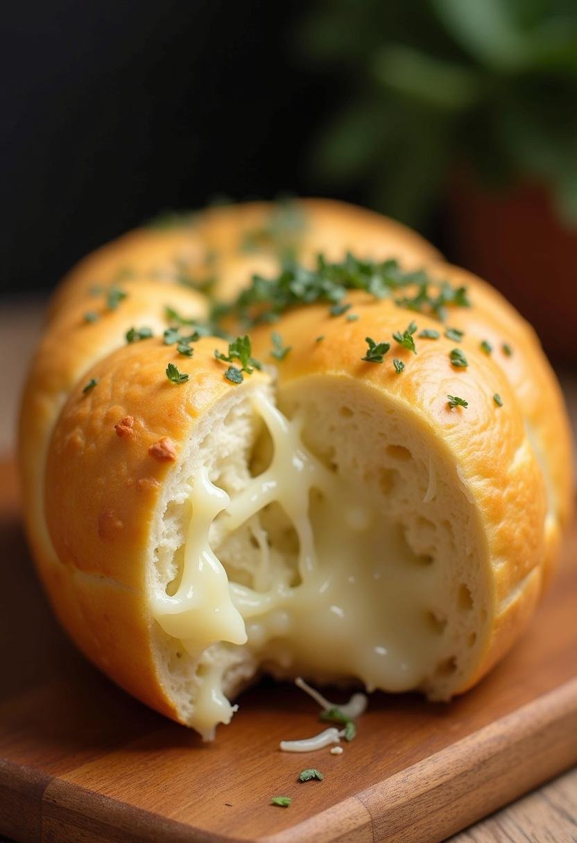 Pão recheado com queijo e ervas recém-assado, perfeito para servir.