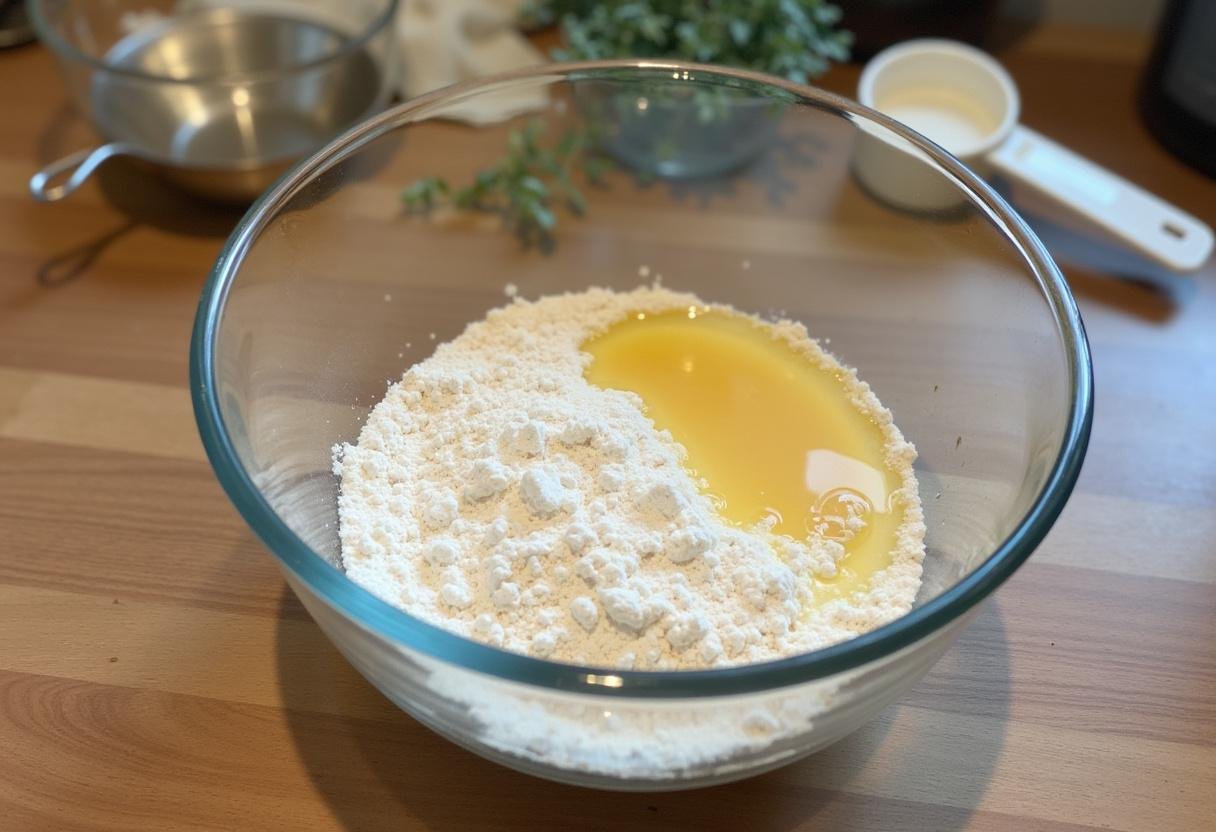 Mistura de farinha, fermento e água morna para o pão recheado com queijo e ervas.