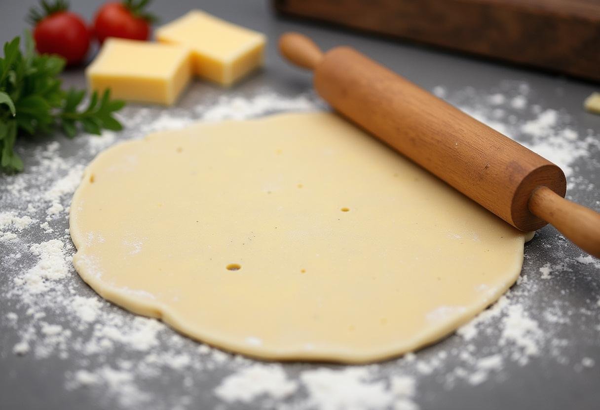 Abrindo a massa do pão para rechear com queijo e ervas.