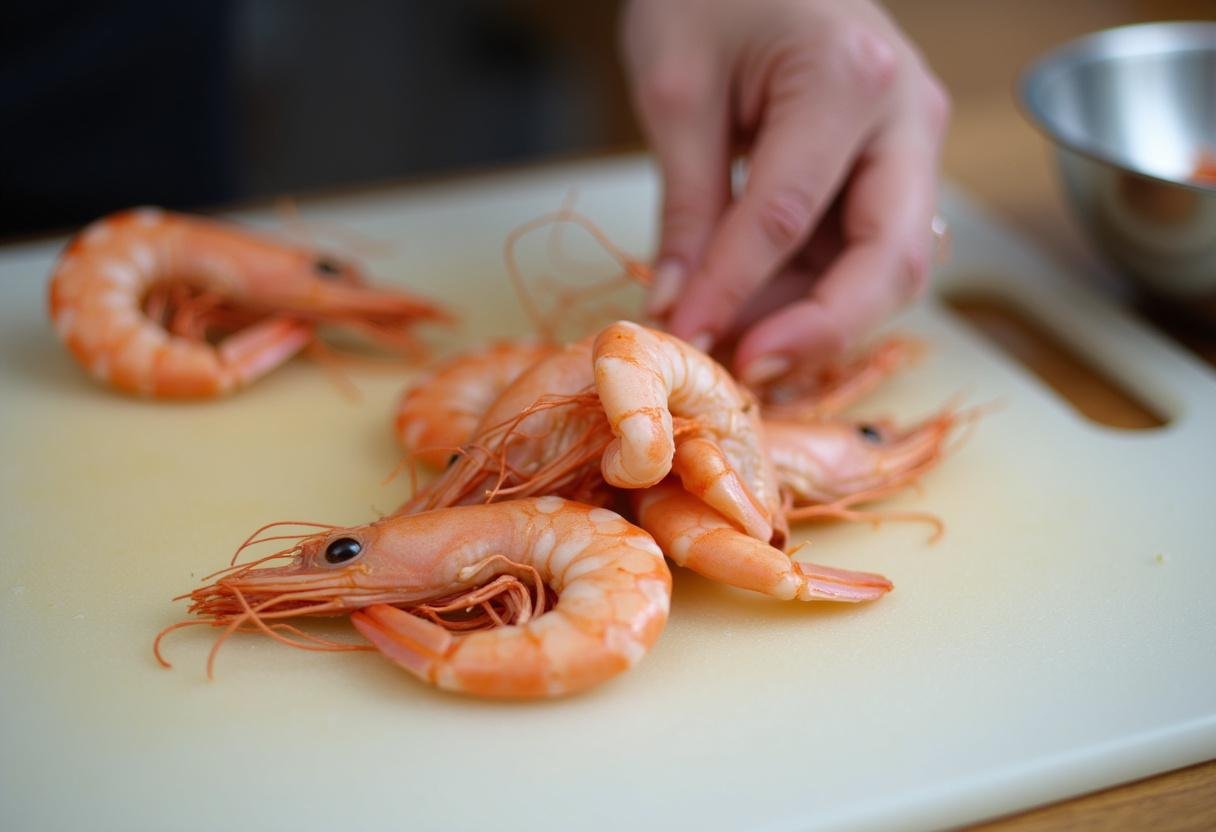 Camarão fresco sendo descascado e limpo para preparar patê de camarão.