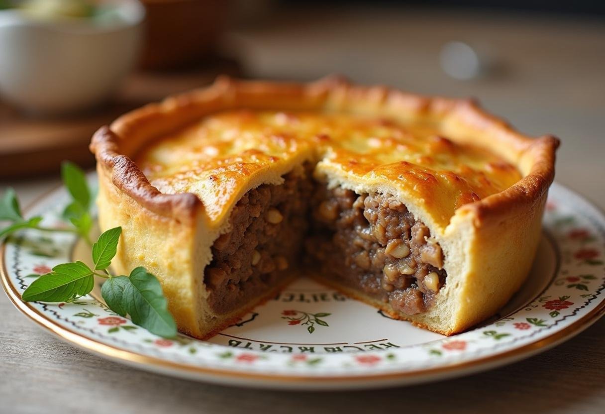 Quibe assado recheado com carne e nozes, cortado e pronto para servir, uma delícia árabe.