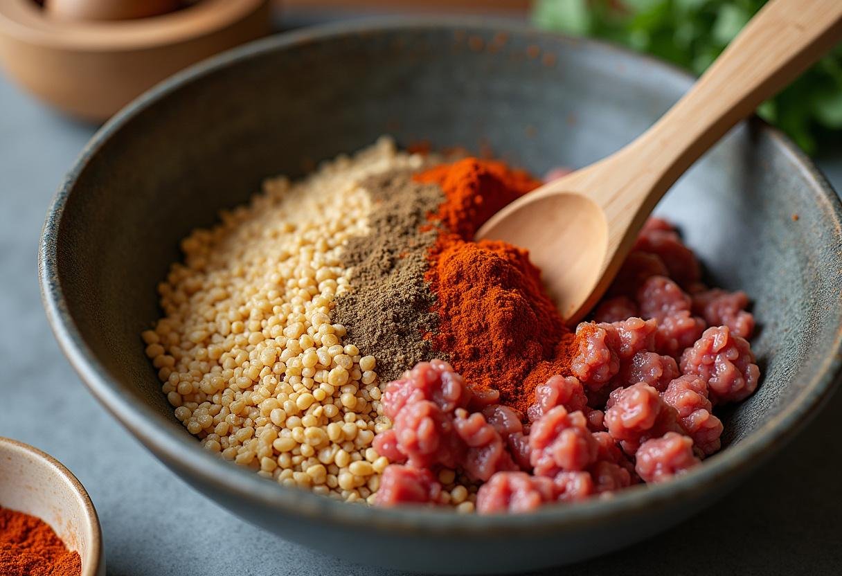 Misturando bulgur, carne moída e temperos para a massa do quibe assado.