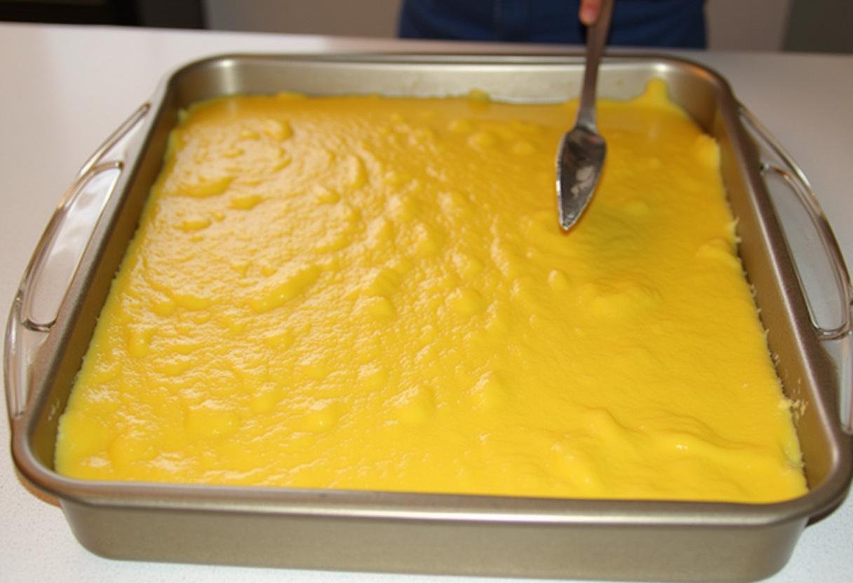 Camada da massa de quibe sendo espalhada uniformemente em uma forma para assar.