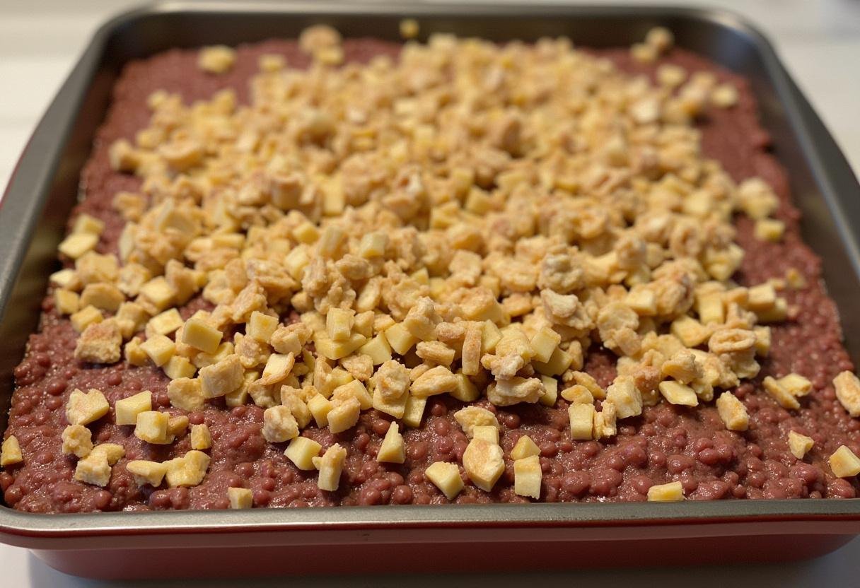 Recheio de carne e nozes sendo colocado sobre a base do quibe antes de cobrir com mais massa.