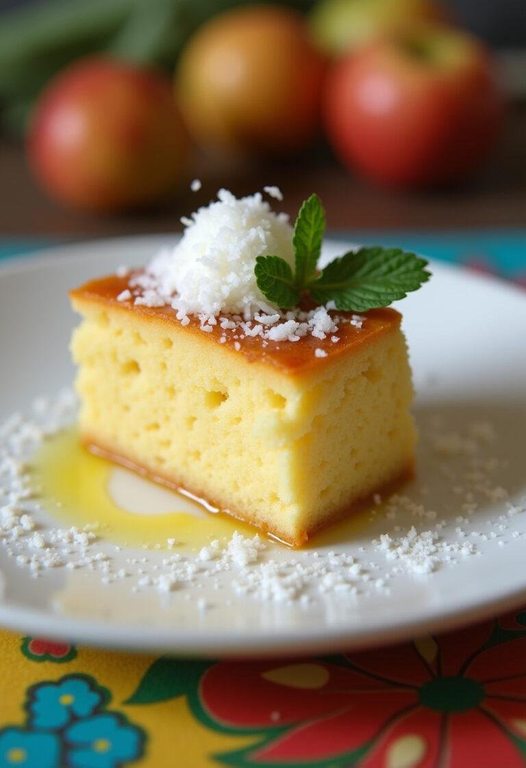 Fatia de bolo de mandioca decorada, pronta para ser servida em uma mesa colorida.