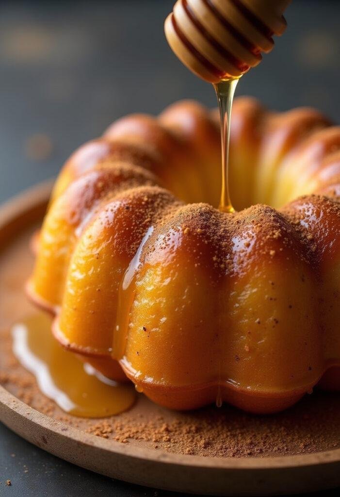 Bolo de mandioca pronto com mel e canela, uma deliciosa sobremesa.