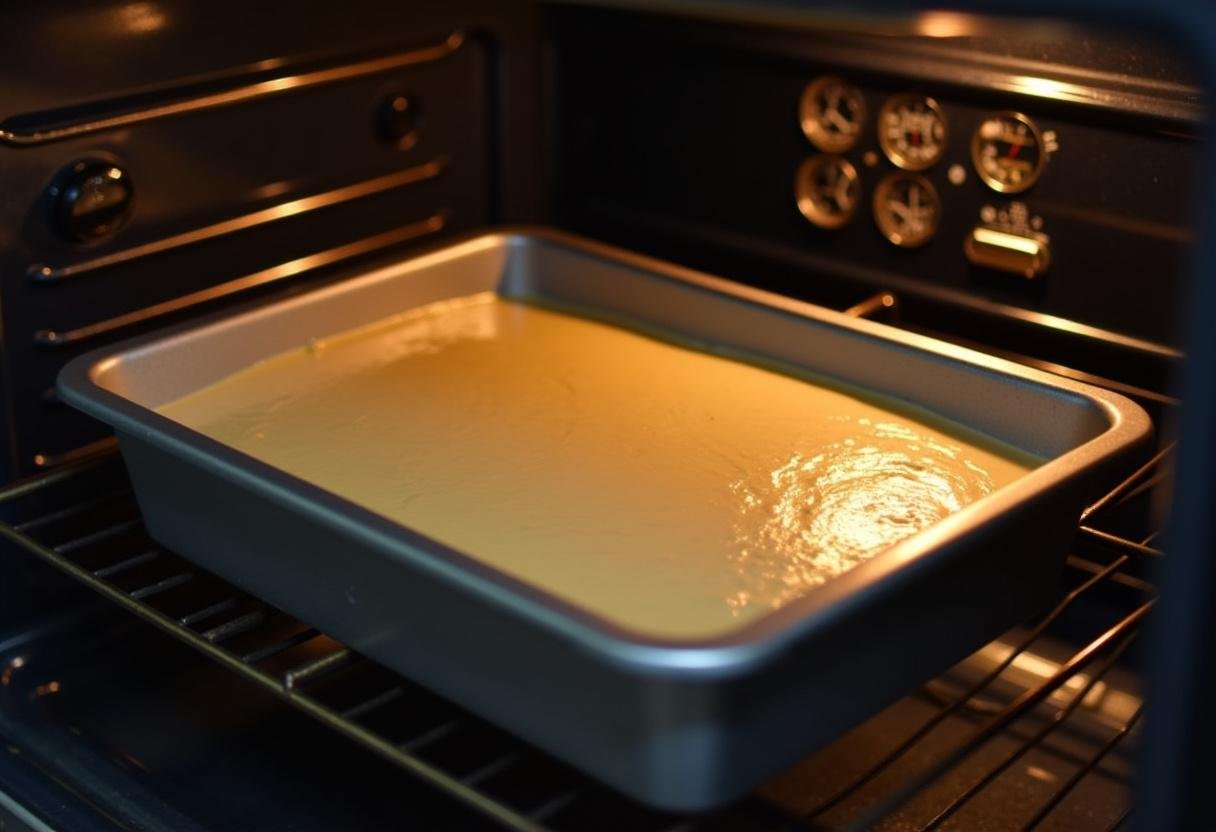 Forma com massa de bolo de mandioca sendo colocada no forno.