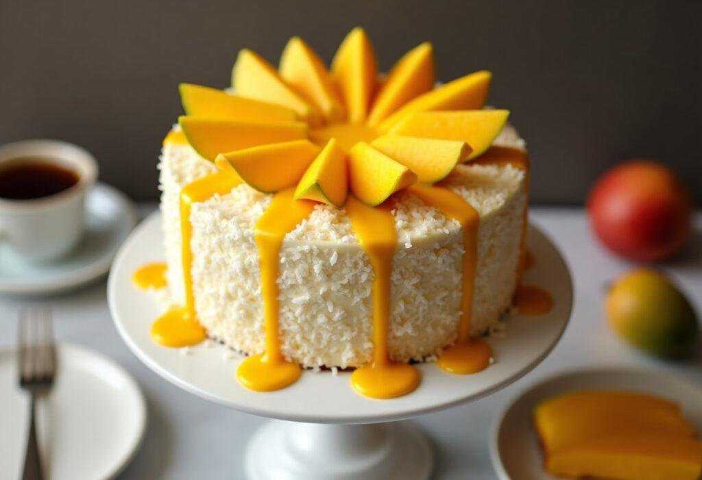Bolo de manga com coco e cobertura de maracujá finalizado, decorado com fatias de manga fresca.