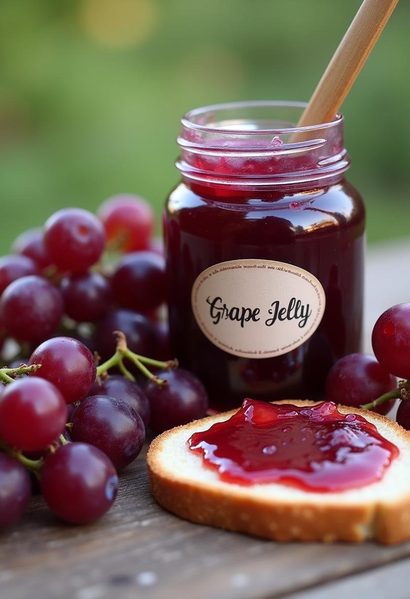Geleia de uva caseira em pote, acompanhada de uvas frescas e pão.