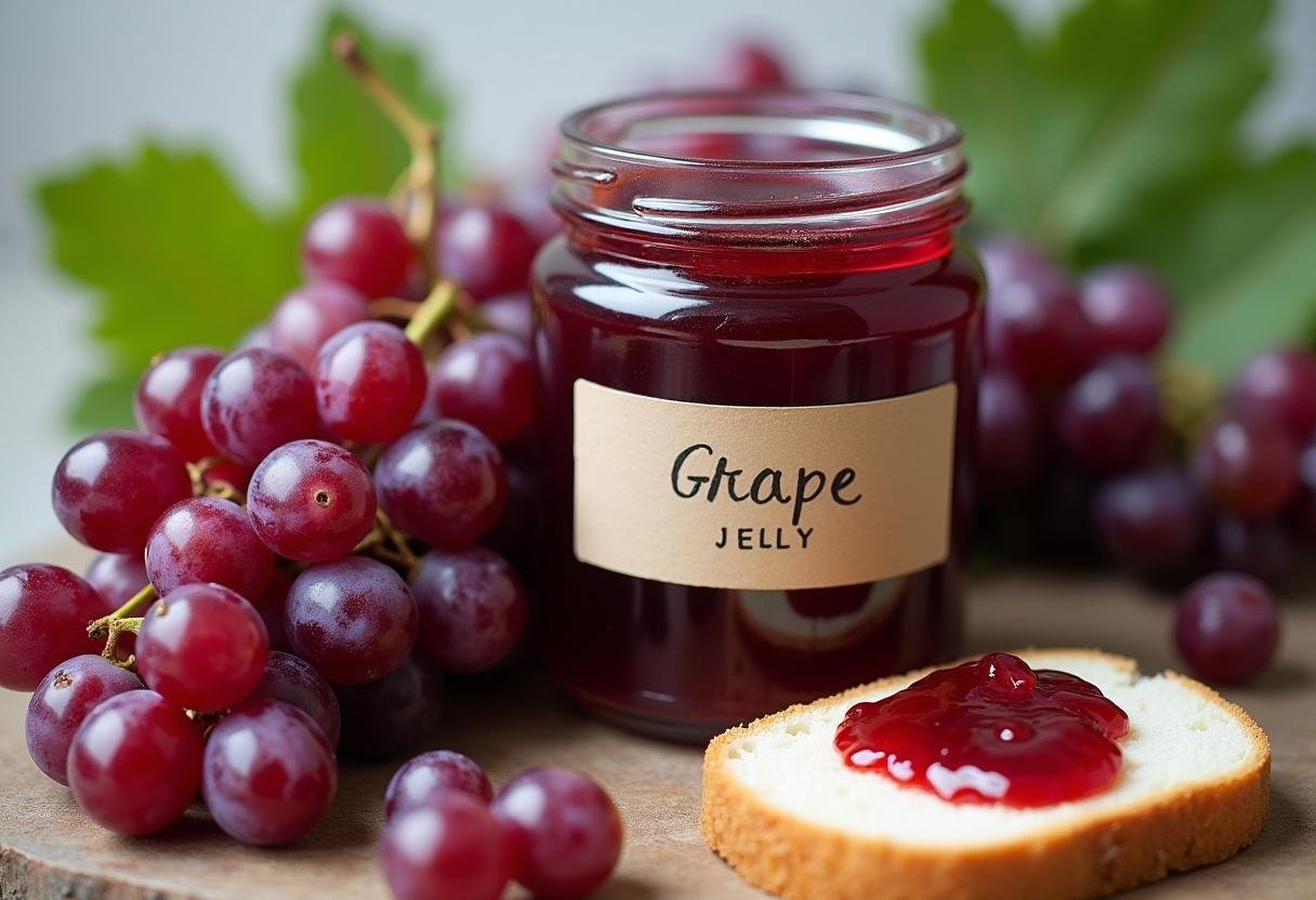 Geleia de uva caseira em pote, acompanhada de uvas frescas e pão.