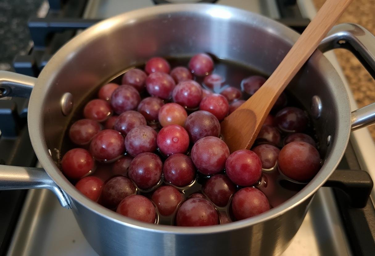 Ingredientes para geleia de uva caseira: uvas frescas, água e suco de limão em uma panela.