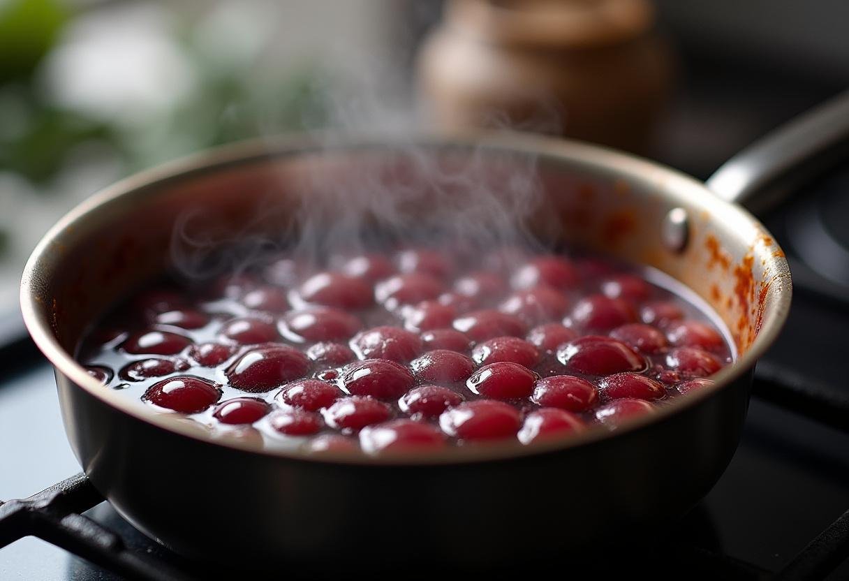 Mistura de uva cozinhando lentamente para geleia de uva caseira.