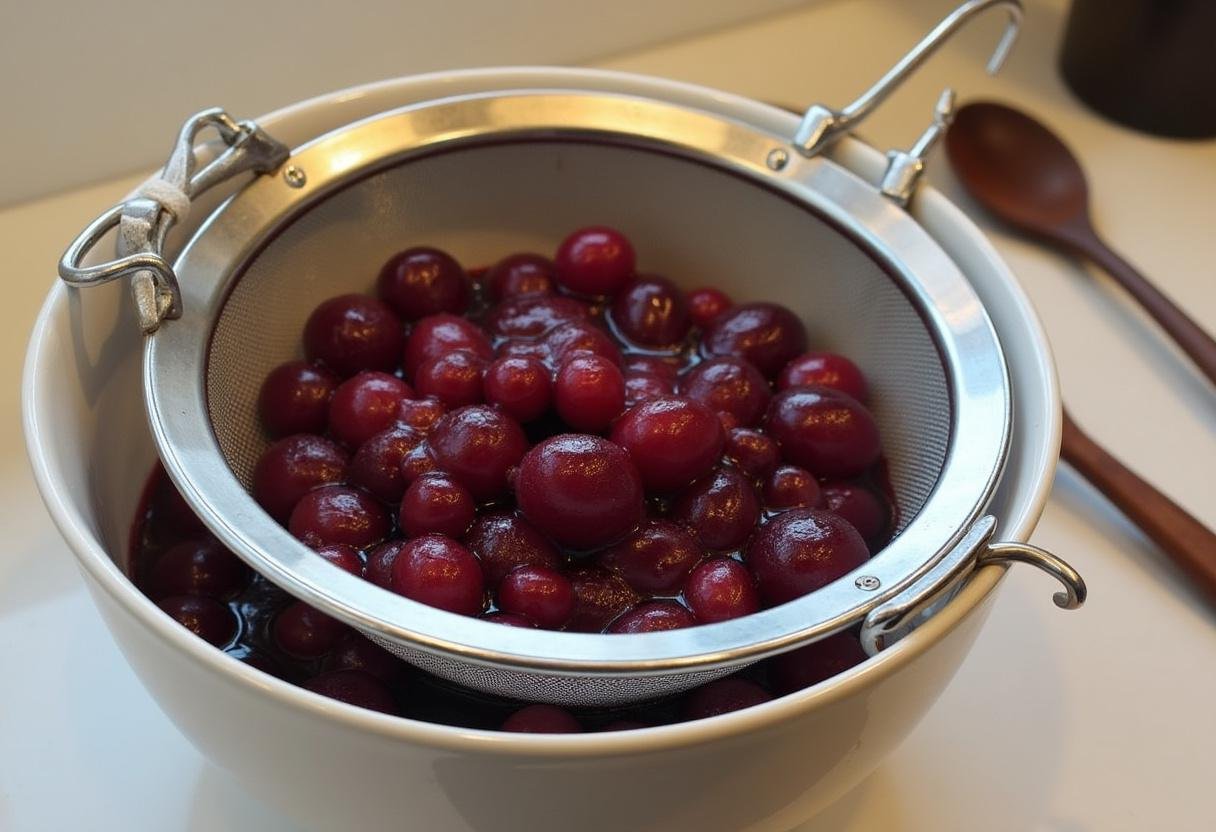 Coando a mistura de uva para preparar a geleia de uva caseira.
