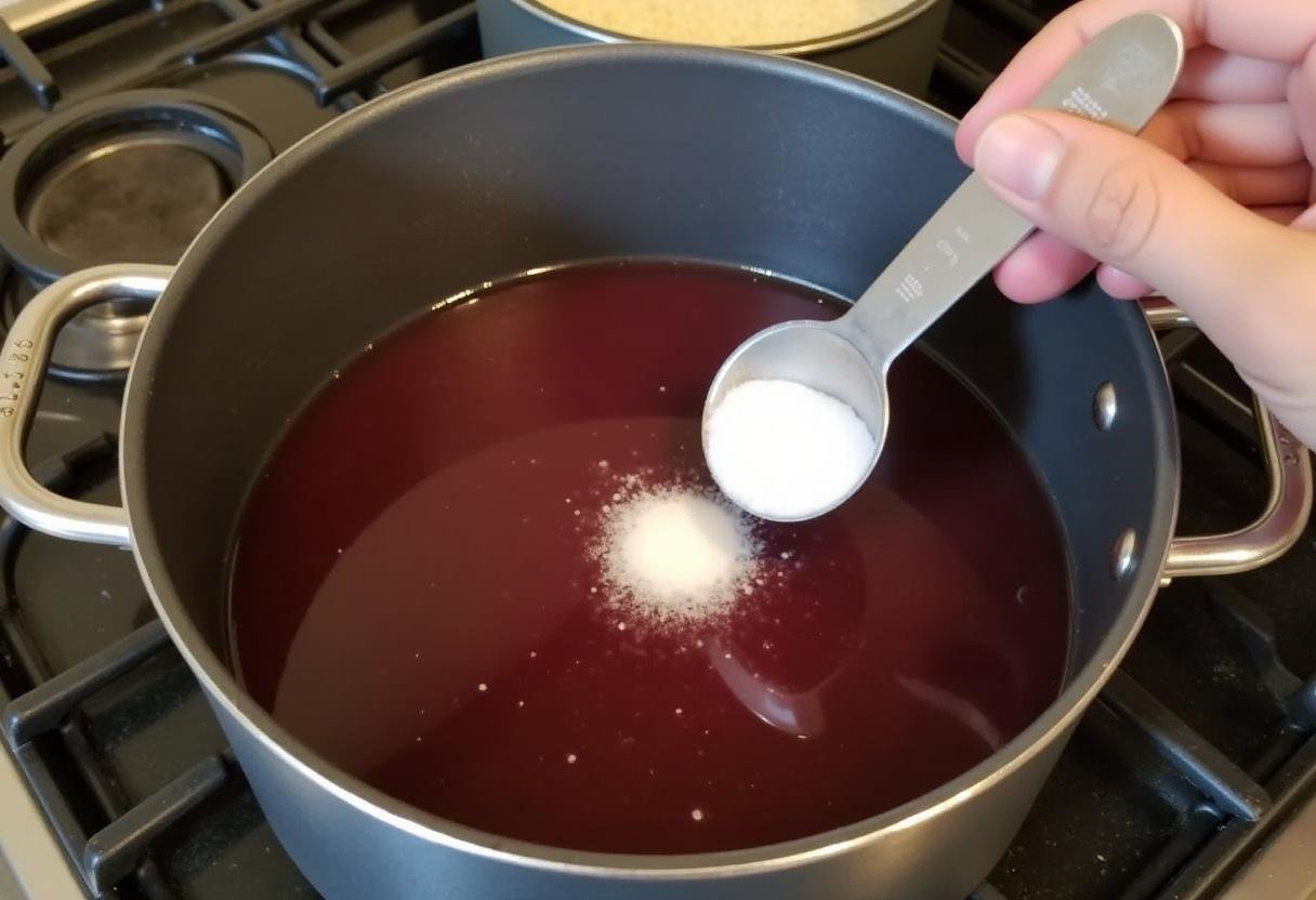 Preparando o suco de uva e o açúcar para fazer geleia de uva caseira.
