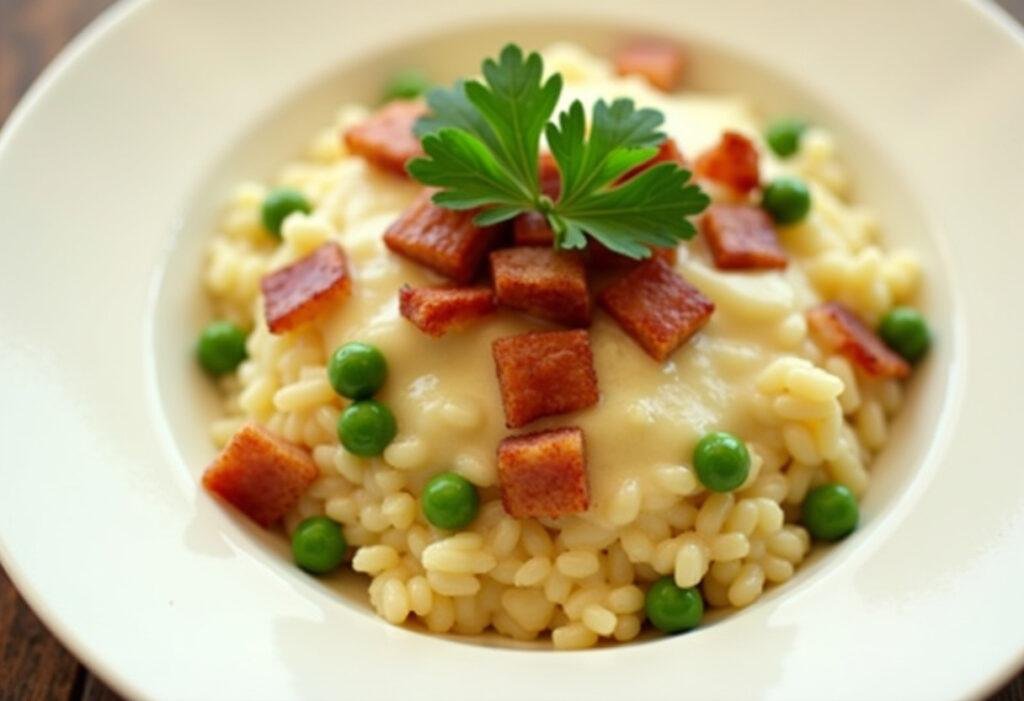 Risoto de bacon com ervilha e queijo provolone finalizado, cremoso e bem apresentado.
