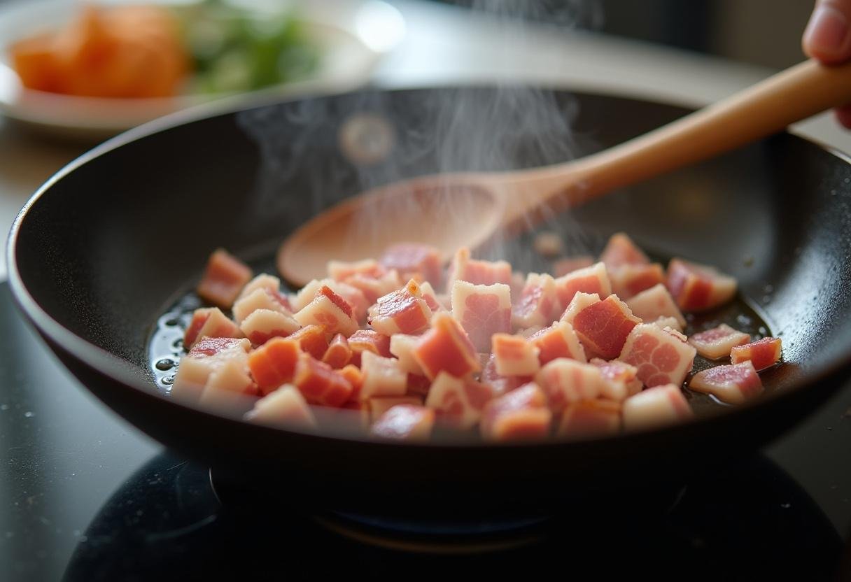Bacon sendo frito em uma panela para o risoto de bacon com ervilha e queijo provolone.